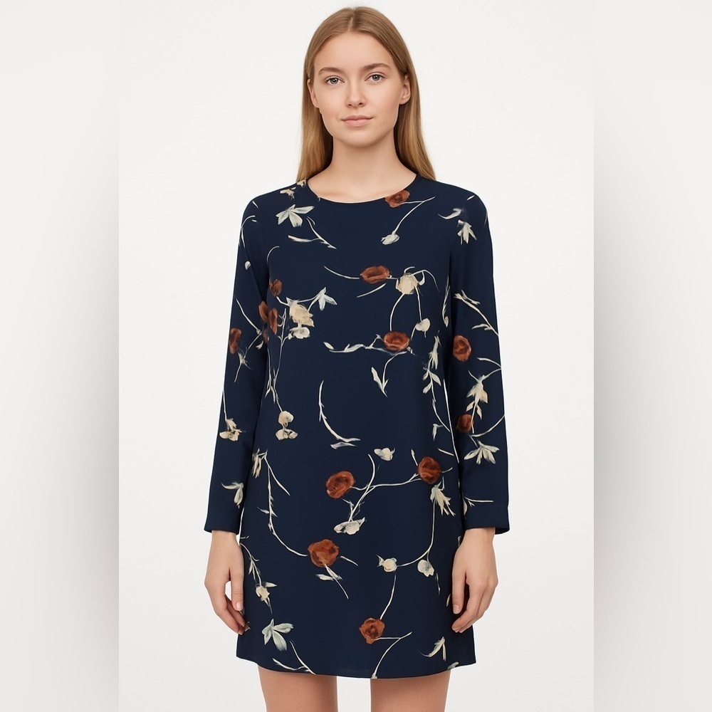 GANNI Navy Floral Mini Dress Size M Long Sleeve Scandi Cool Girl - Picture 2 of 10